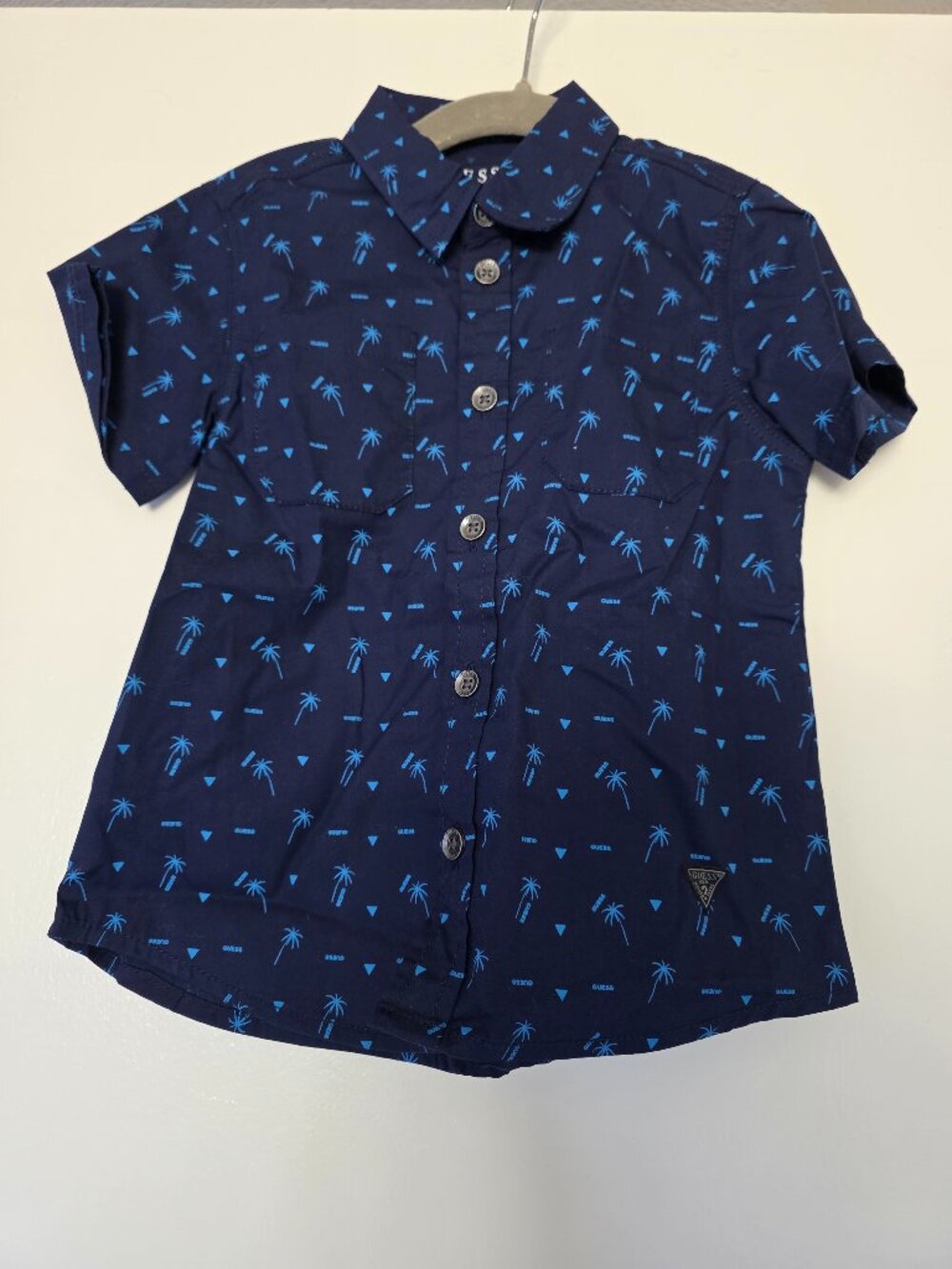 New GUESS Boy's Size 3 Hawaiian Shirt Navy Palm Trees Cotton Button Short Sleeve